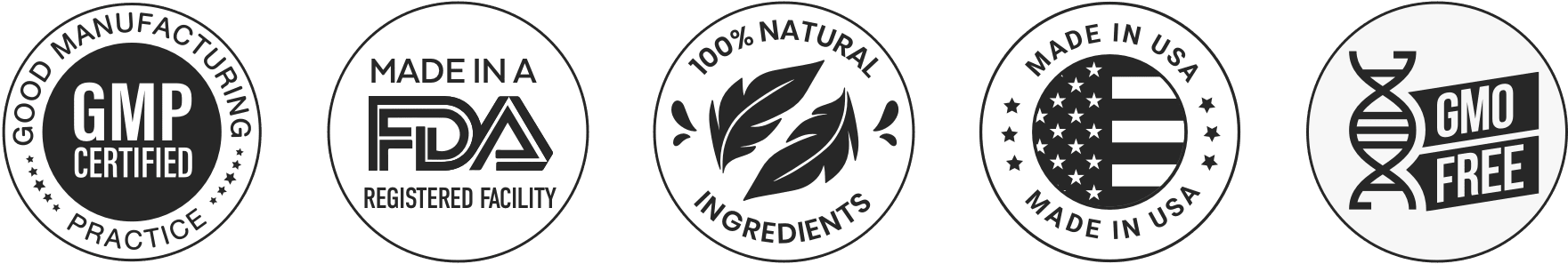 GMP Certified, FDA Registered Facility, 100% Natural, Made in USA, GMO Free badges